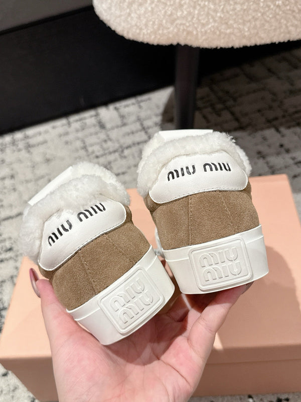 Miu 25 Small Bow Sneaker Coffee White Suede Wool 541921