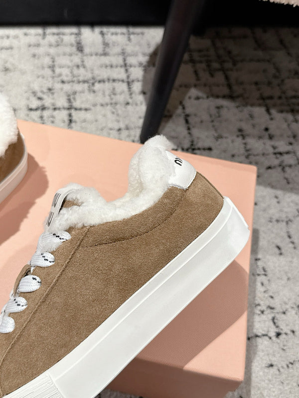 Miu 25 Small Bow Sneaker Coffee White Suede Wool 541921