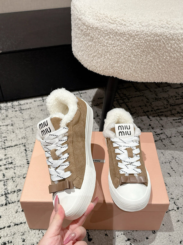Miu 25 Small Bow Sneaker Coffee White Suede Wool 541921