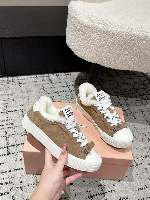 Miu 25 Small Bow Sneaker Coffee White Suede Wool 541921