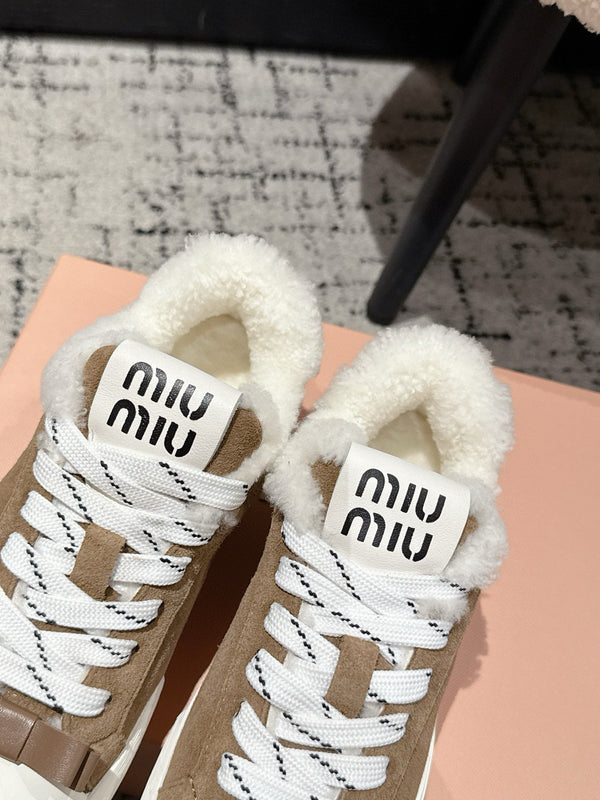 Miu 25 Small Bow Sneaker Coffee White Suede Wool 541921