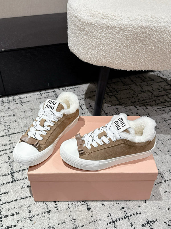 Miu 25 Small Bow Sneaker Coffee White Suede Wool 541921