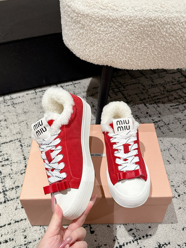 Miu 25 Small Bow Snealer Red White Suede Wool 541922