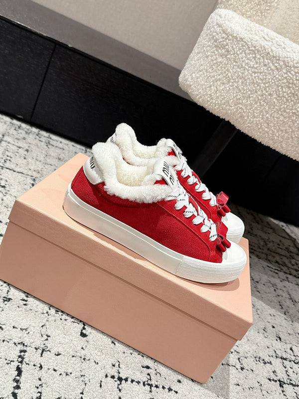 Miu 25 Small Bow Snealer Red White Suede Wool 541922