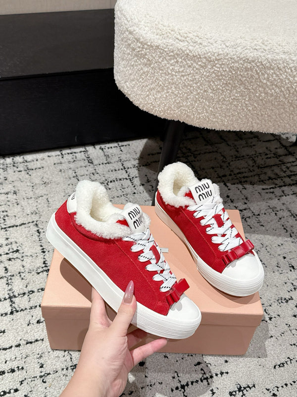 Miu 25 Small Bow Snealer Red White Suede Wool 541922