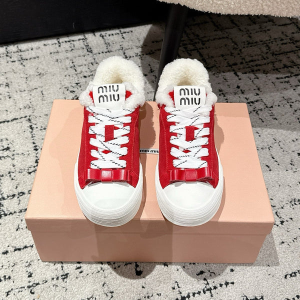 Miu 25 Small Bow Snealer Red White Suede Wool 541922