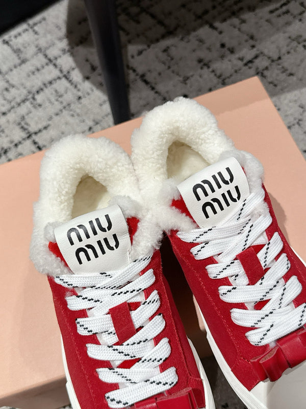 Miu 25 Small Bow Snealer Red White Suede Wool 541922