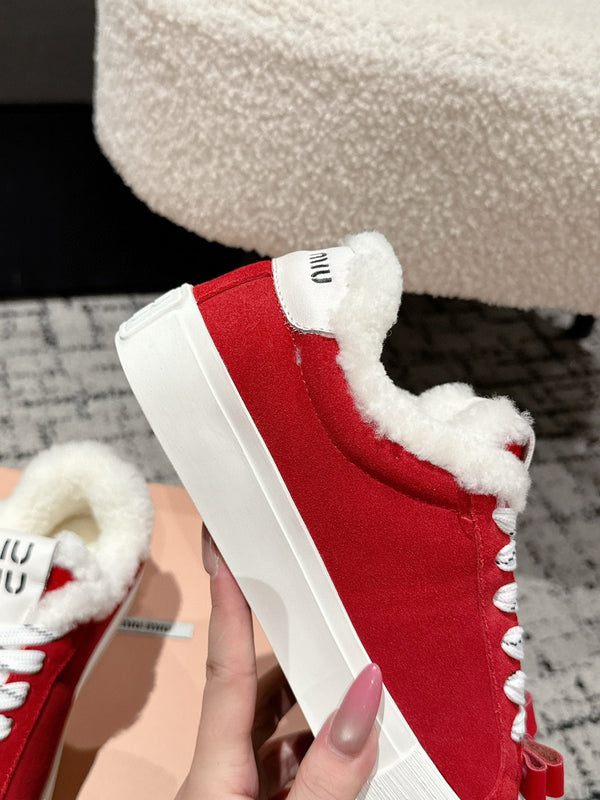 Miu 25 Small Bow Snealer Red White Suede Wool 541922