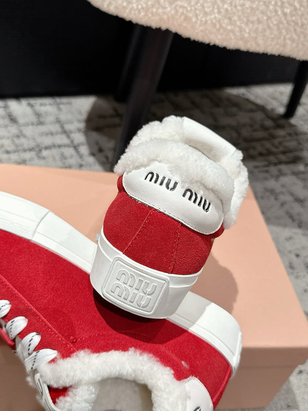 Miu 25 Small Bow Snealer Red White Suede Wool 541922