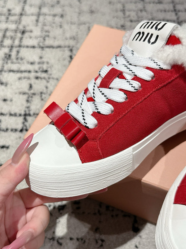 Miu 25 Small Bow Snealer Red White Suede Wool 541922