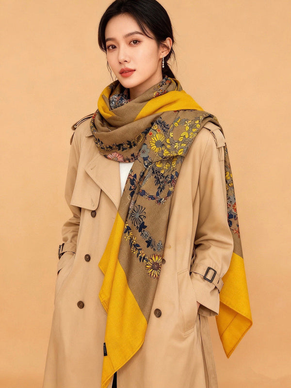 HM 25s Velvet Square Scarf 140cm Yellow Brown Cashmere 976217
