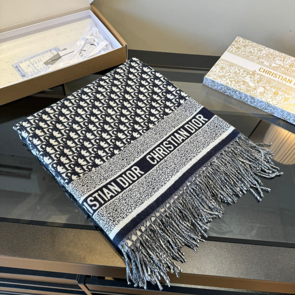 CD Jacquard Logo Scarf 140CM Dark Blue Wool Cashmere 293334