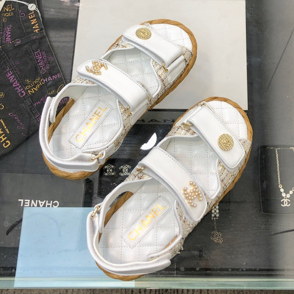 VELCRO SANDALS IN WHITE LAMBSKIN AND TWEED FABRIC