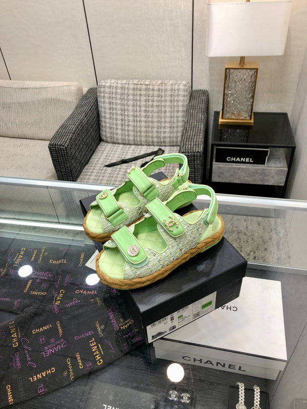 VELCRO SANDALS IN GREEN PASTEL LAMBSKIN AND TWEED FABRIC