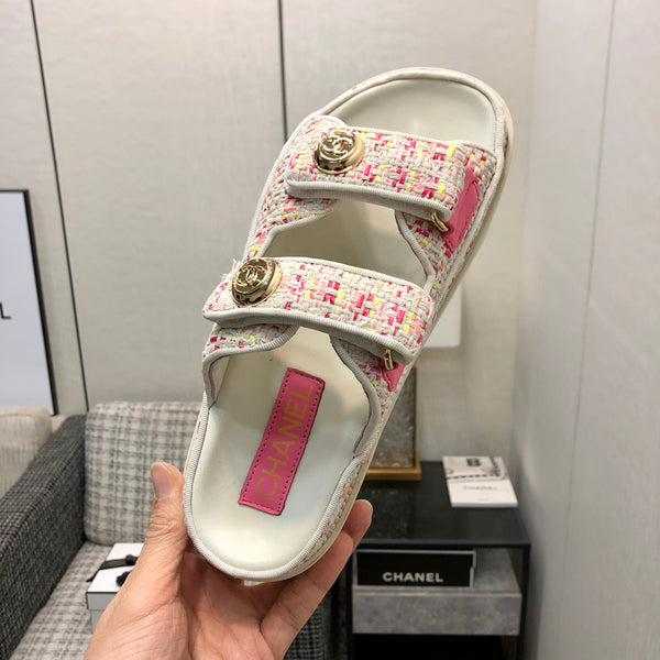 SANDALO DA PAPA' IN TESSUTO TWEED BIANCO E ROSA BRILLANTE
