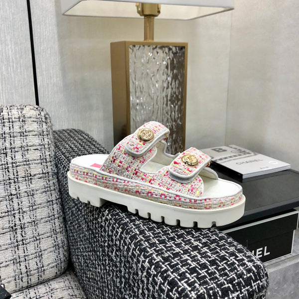 SANDALO DA PAPA' IN TESSUTO TWEED BIANCO E ROSA BRILLANTE