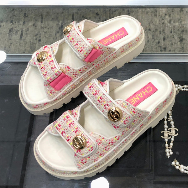 SANDALO DA PAPA' IN TESSUTO TWEED BIANCO E ROSA BRILLANTE