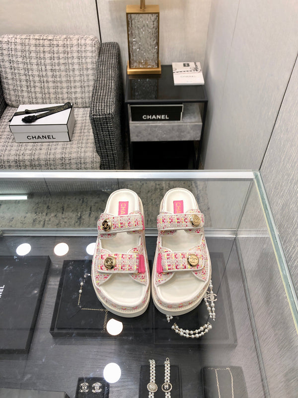 SANDALO DA PAPA' IN TESSUTO TWEED BIANCO E ROSA BRILLANTE