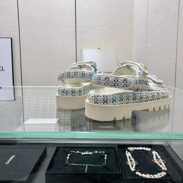 SANDALO DAD IN TESSUTO TWEED BIANCO MISTO AZZURRO