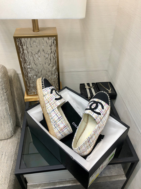 SCARPE BASSE IN TESSUTO TWEED NERO E BIANCO ESPADRILLE