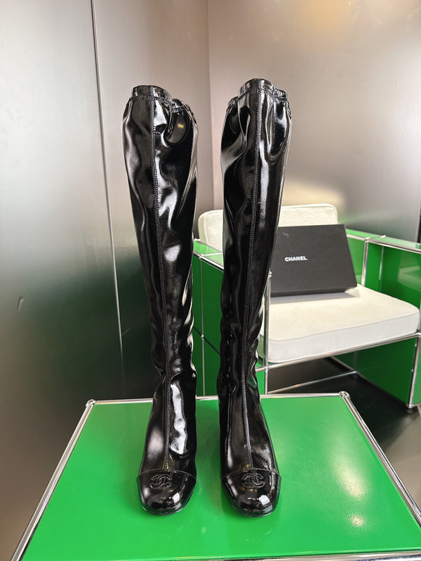 Chanel High-Top Boots Platform Heel 7cm Black Glossy Leather 507534