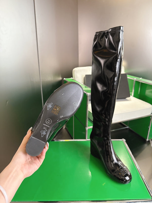 Chanel High-Top Boots Platform Heel 7cm Black Glossy Leather 507534