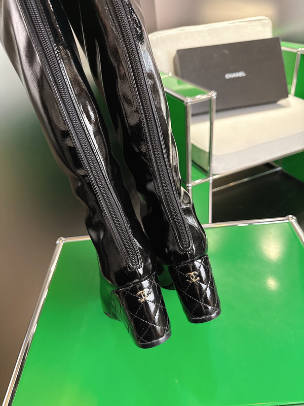 Chanel High-Top Boots Platform Heel 7cm Black Glossy Leather 507534