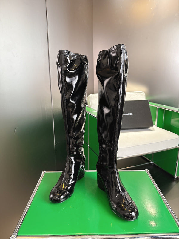 Chanel High-Top Boots Platform Heel 7cm Black Glossy Leather 507534