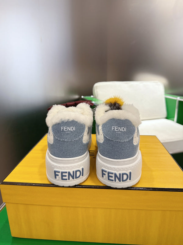 Fendi 2025 Baskets compensées Match Tissu Denim Laine Bleu Blanc 562583