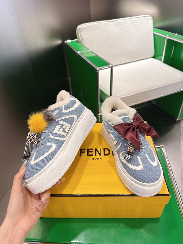 Fendi 2025 Baskets compensées Match Tissu Denim Laine Bleu Blanc 562583