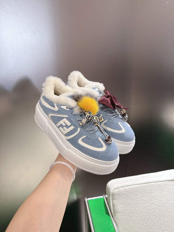 Fendi 2025 Baskets compensées Match Tissu Denim Laine Bleu Blanc 562583