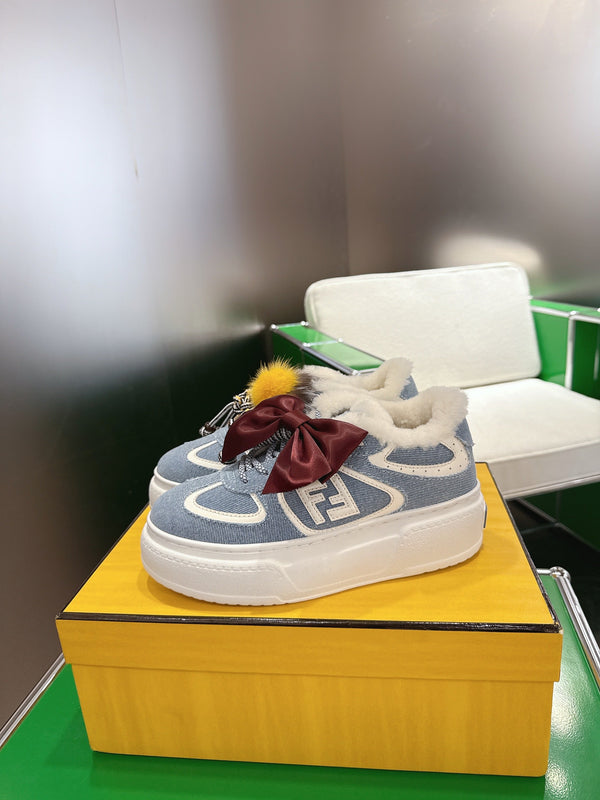 Fendi 2025 Baskets compensées Match Tissu Denim Laine Bleu Blanc 562583