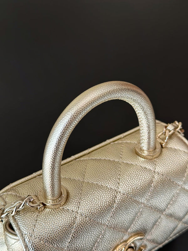 CC 26s Mini Flap Bag 14.5cm with Top Handle Sliver Caviar Leather