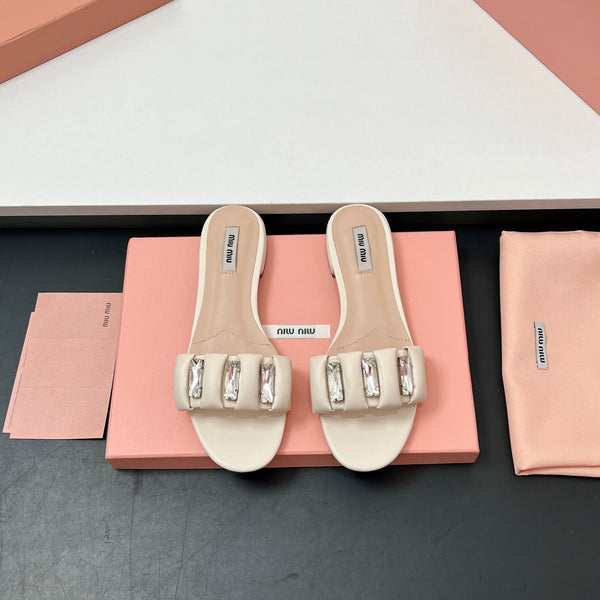 Miu 10mm Slipper with diamonds beige leather 223451