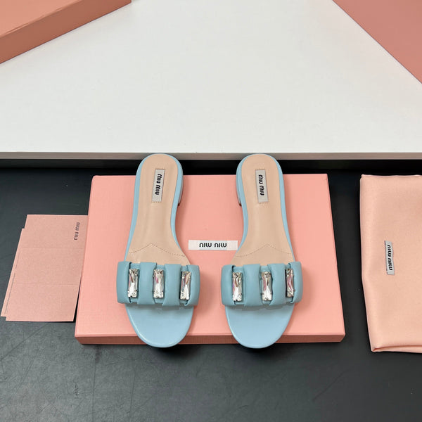 Miu 10mm Slipper with diamonds tiffany blue leather 223452
