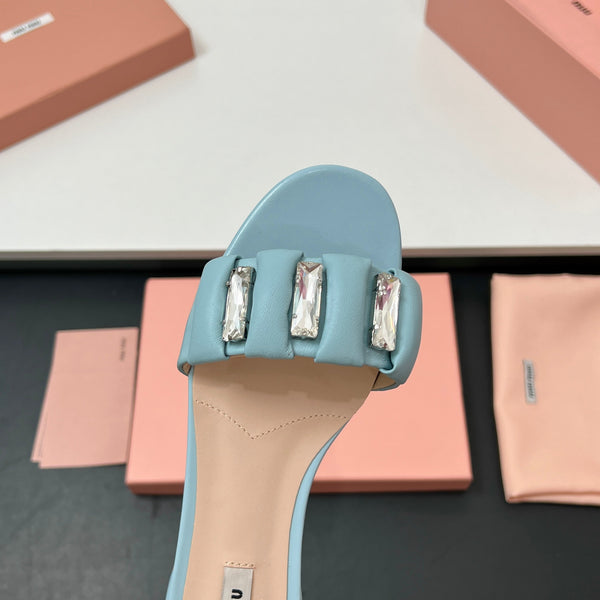 Miu 10mm Slipper with diamonds tiffany blue leather 223452