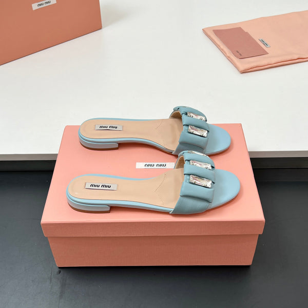 Miu 10mm Slipper with diamonds tiffany blue leather 223452