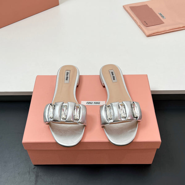 Miu 10mm Slipper with diamonds silver leather 223453