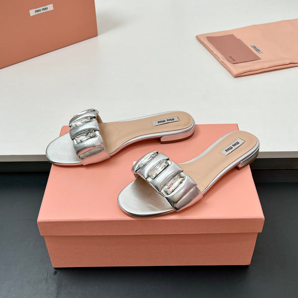 Miu 10mm Slipper with diamonds silver leather 223453