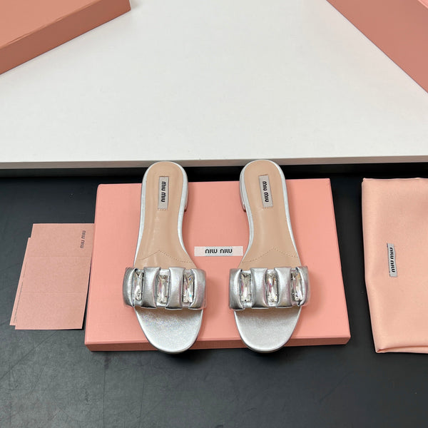 Miu 10mm Slipper with diamonds silver leather 223453