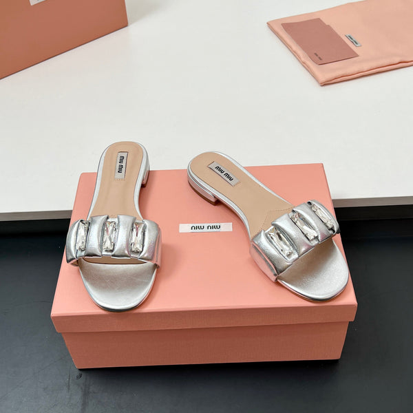 Miu 10mm Slipper with diamonds silver leather 223453