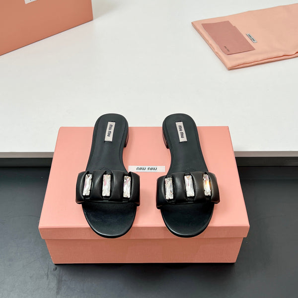 Miu 10mm Slipper with diamonds black leather 223454
