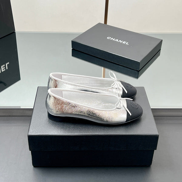 CC Ballerine 20mm Argento Metallizzato Pelle di Pecora Grosgrain Nero 266677
