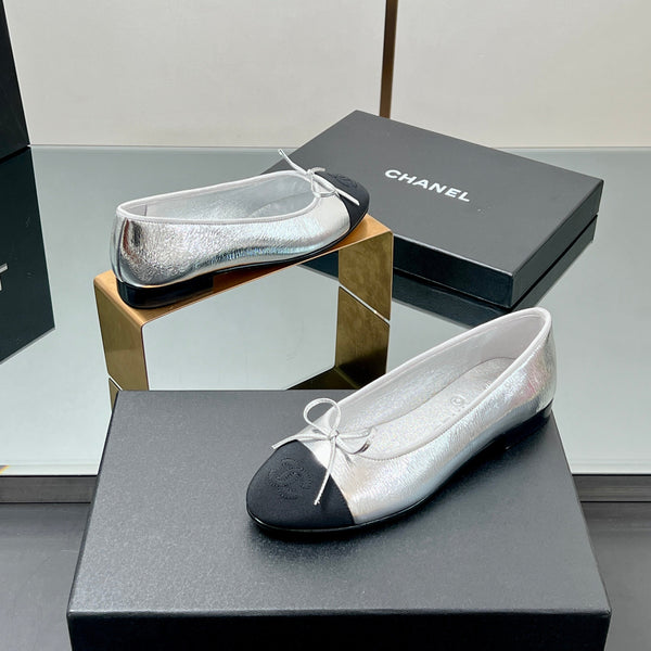 CC Ballerine 20mm Argento Metallizzato Pelle di Pecora Grosgrain Nero 266677