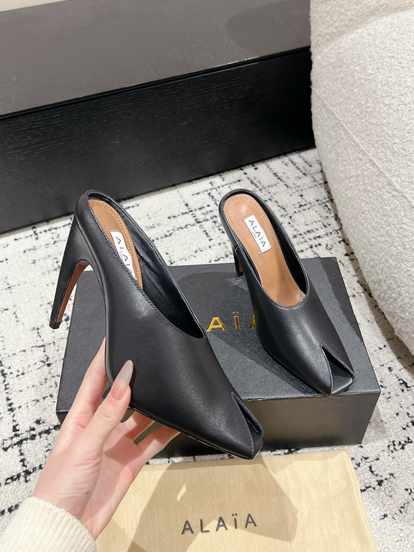 Alaia 25 Spike High Heel Mules Black Lampskin 293181