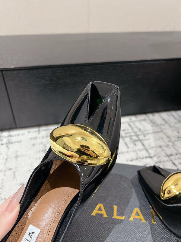 Alaia 25 Azzedine Mules con tacco alto e dettagli dorati Pelle di vitello nera lucida 293188
