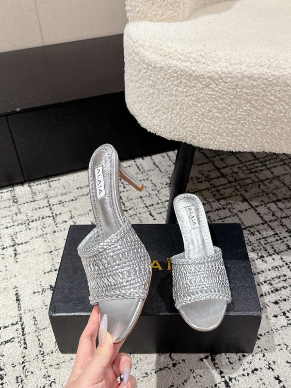 ALAIA Muller, décolleté in pelle intrecciata color argento metallizzato con tacco alto