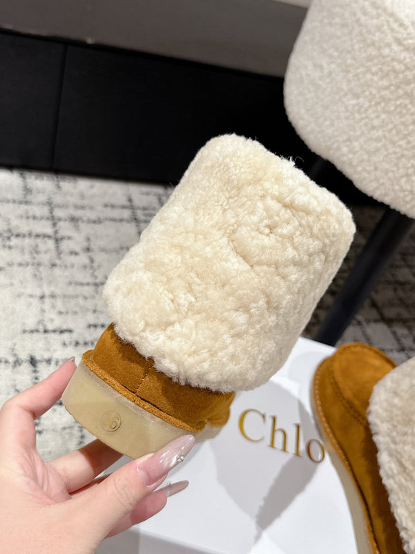 Chloe Snow Boots Tan Cream Suede Wool 514334