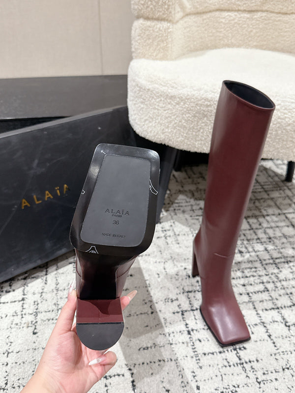 Alaia 2025 Square Toe High Heeled Boot Burgundy Calfskin 558670