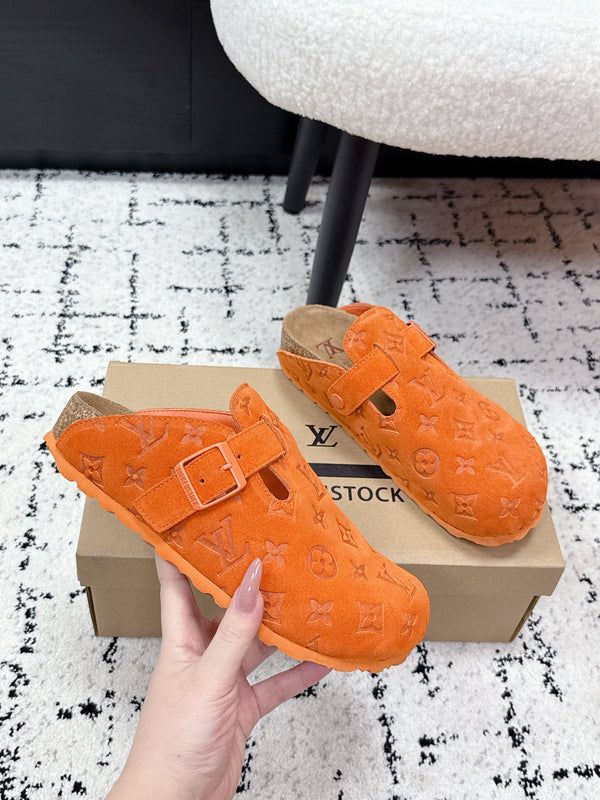 LV Cosy Comfort Mules Orange Brown Monogram Suede 616984